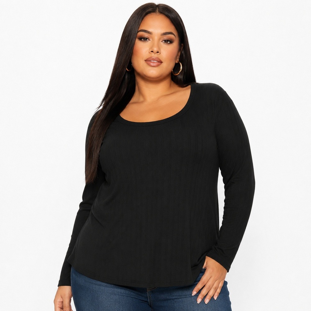 Gilli Ashley Long Sleeve T-Shirt Black Ribbed Cotton Scoop Neck Plus‎ Size 3X